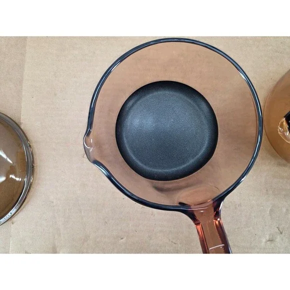 Vintage Vision Corning Sauce Pan Pot w/Pyrex Lid Amber Glass Cookware 2 of